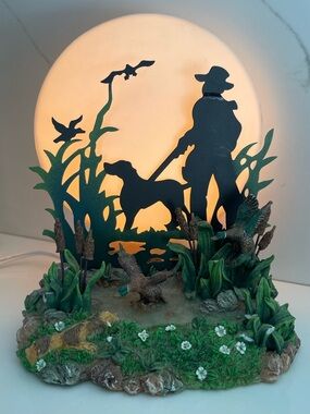 Vintage hunting Moonlight man with dog Silhouette Table Lamp 7.75” tall Cabin